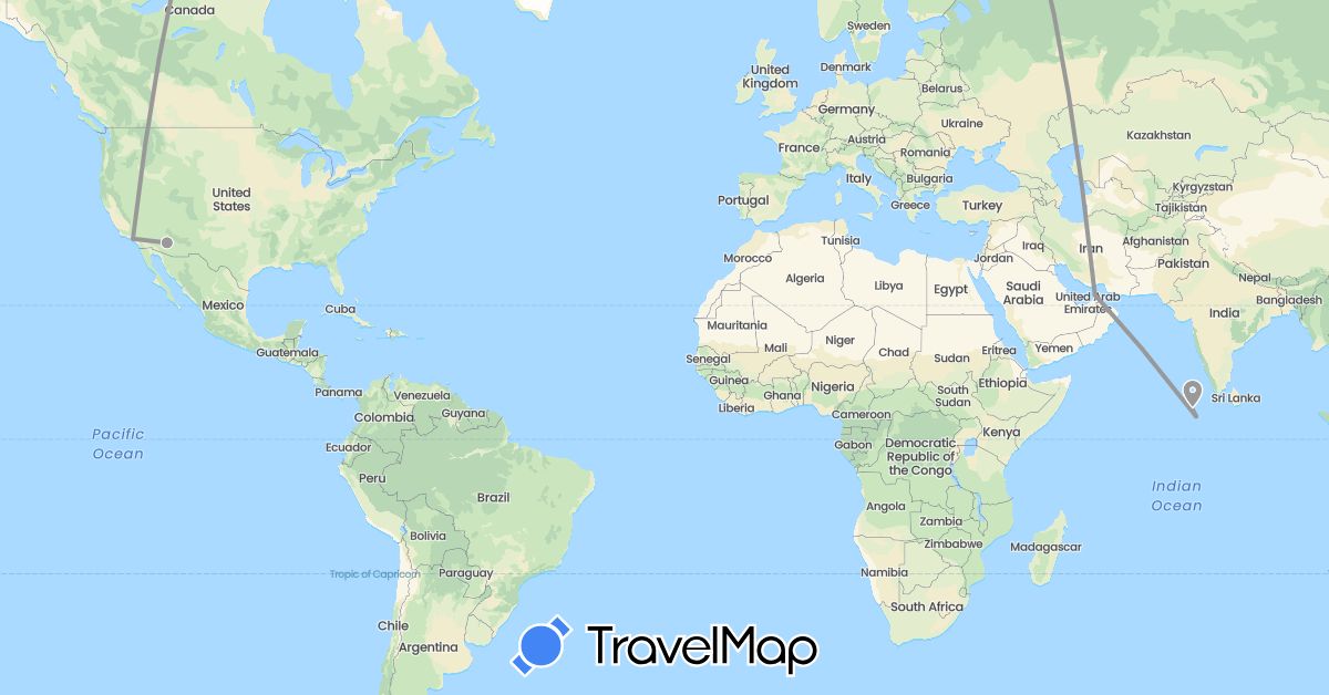 TravelMap itinerary: driving, plane in United Arab Emirates, Maldives, United States (Asia, North America)